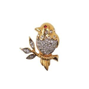 Vintage 1980s Nina Ricci Paris Rhinestone Bird on a Branch Brooch